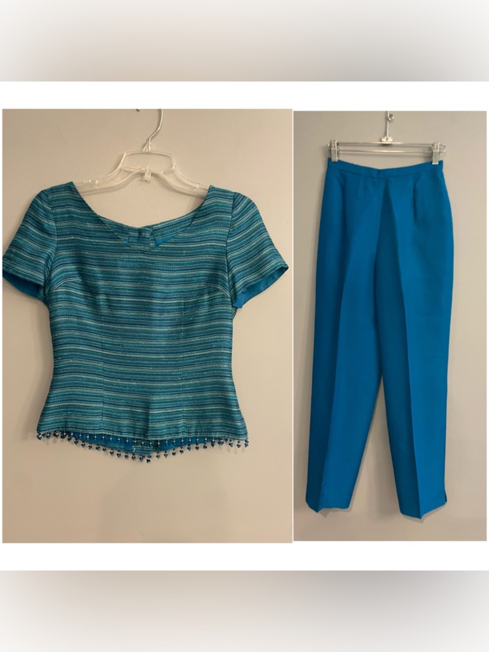 Y2K David Warren Teal Striped Hand Beaded Crop Top and High-Waist Pants Set